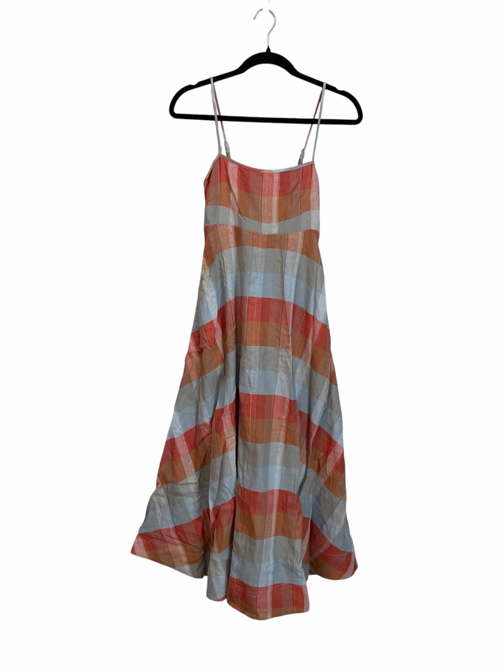 Madewell Women’s Linen Empire-Waist Midi Dress in Blue Orange Plaid Sz XXS NWT